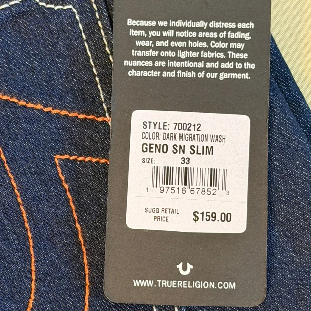 True Religion Geno Slim Jeans Mens 33 Blue Dark Migration Wash NWT Streetwear
